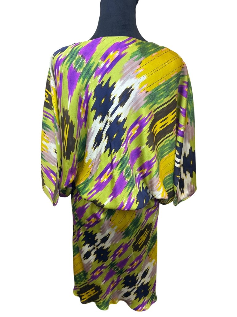Josie Natori Silk Abstract Print Dress Sz L Dolman Sleeve V-Neck Elastic Waist — image 3 of 8